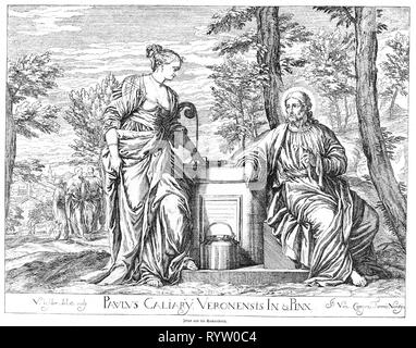 Religion, Christentum, Jesus Christus, und von den Szenen des Lebens ist Jesus und die Samariterin, angepasst von der Malerei von Paolo Veronese (1528-1588), Kupferstich von Valentin Lefebre (1642 - 1682), aus dem 17. Jahrhundert, Grafik, Grafiken, Neues Testament, halbe Länge, halbe Länge, stehend, Jakobs Brunnen, Brunnen, Brunnen, Halo, Nimbus, Herrlichkeit, gloriole, Aura, Halos, aureola, Aureole, Mandorla, Sitzen, Sitzen, Gespräche, Gespräche, Gespräche, reden, sprechen, Messias, Retter, Erlöser, Religion, Religionen, Szenen, Szene, Leben, Leben, Samariter, Samariter, historischen, geschichtlichen, Frau, Artist's Urheberrecht nicht gelöscht werden Stockfoto