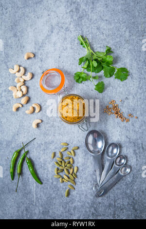 Korma Curry Paste Gewürze mit grauem Hintergrund. Zutaten für Frische korma Currypaste in einem Marmeladenglas. Blick von oben auf die indische Gewürze curry mit frischen ingr Stockfoto