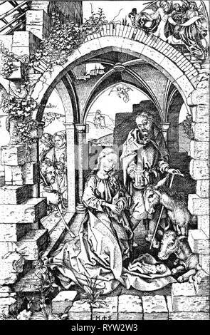 Religion, Christentum, Jesus Christus, Krippe, "Die große Krippe' durch, die von Martin Schongauer (ca. 1445 / 1450 - 1491), Kupferstich, Anfang 1470 s, 25,8 x 17 cm, 15. Jahrhundert, im 15. Jahrhundert, das 1400 s, Mittelalter, Mittelalter, mittelalterlich, Grafik, Grafiken, Messias, Retter, Erlöser, halbe Länge, halbe Länge, stehen, Knien, kniend, Maria, Madonna, Joseph, Hirt, Herder, Hirten, Hirten, Stall, Scheune, Barnstable, Ställe, Scheunen, barnstables, Rundbogen, Rundbögen, Bogen, Bögen, Architektur, verehren, verehren, anbeten, das Jesuskind, Bab, Artist's Urheberrecht nicht gelöscht werden Stockfoto