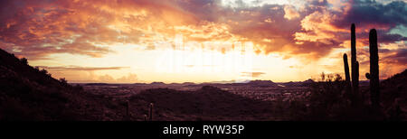 Ein Panorama von einer dramatischen Sonnenuntergang über der Wüste mit Saguaro Kaktus und bunten Wolken im Himmel. Stockfoto