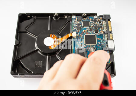 Motherboard auf einem weißen Hintergrund. Computer Prozessor. Stockfoto