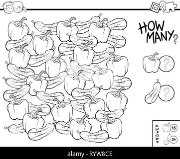 Schwarze und weiße Abbildung des Pädagogischen zählen Aufgabe für Kinder mit Gurken und Paprika Malbuch Stock Vektor
