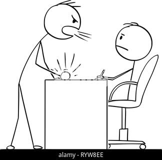 Cartoon von Mann oder Geschäftsmann kreischend an Chef oder Angestellte oder Untergeordnete sitzt hinter Tabelle Stock Vektor