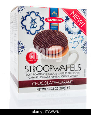 Winneconne, WI - 10 März 2019: ein Paket von Wipperfürth stroop wafels ein auf einem isolierten Hintergrund Stockfoto