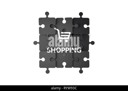 Shopping Symbol und Text auf Puzzle Stücke, auf weißem Hintergrund. Stockfoto