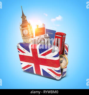 Reise nach London, Großbritannien. Vintage Koffer mit Symbolen der UK London, Big Ben Tower und Rot stand. Reise und Tourismus Konzept. 3D-Darstellung Stockfoto