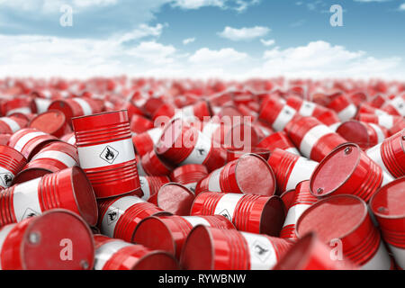 Red Oil barrels. Öl- und Gasindustrie, der Lagerung, der Herstellung. Die chemische Verschmutzung und Erdölindustrie Abfallkonzept. 3D-Darstellung Stockfoto