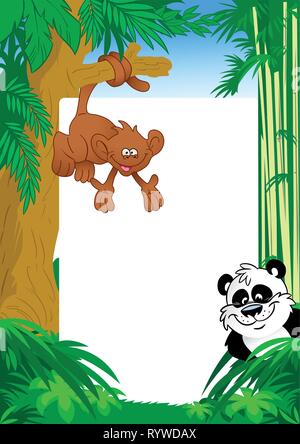 Die Abbildung zeigt ein Affe und Panda auf Hintergrund weißer Rahmen für Text und Dschungel. Im Comic-stil erreicht, auf separaten Ebenen. Stock Vektor