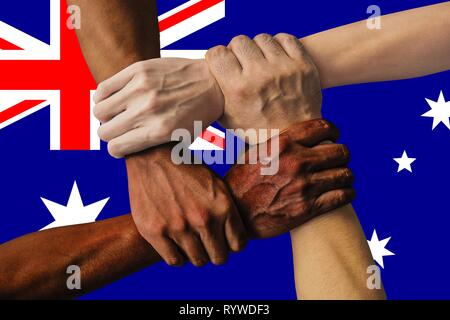 Australien Flagge, Integration einer multikulturellen Gruppe junger Menschen Stockfoto