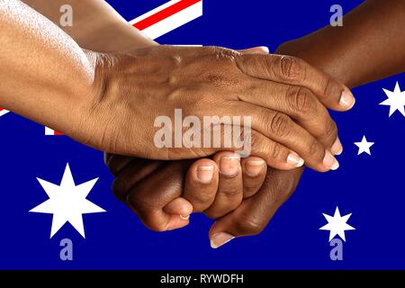 Australien Flagge, Integration einer multikulturellen Gruppe junger Menschen Stockfoto