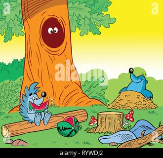 Die Abbildung zeigt die kleine wilde Tiere im Wald. Igel auf Holz sitzen und essen Wassermelone, erhielt aus dem Loch der Maulwurf. Abbildung: Stock Vektor