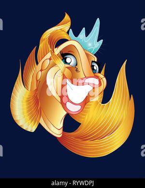 Die Abbildung zeigt eine fantastische, Spaß, golden, glücklich Goldfisch in der Krone. Abbildung im Cartoon Stil gemacht, auf einem dunklen Hintergrund. Stock Vektor
