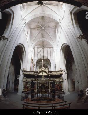 TRASCORO EN EL RETABLO DE LA CATEDRAL DE SANTO DOMINGO DE LA CALZADA - SIGLO XVI-ALTAR BARROCO EN FORMA DE TEMPLETE DE FRANCISCO DE LA CUEVA. Autor: MELGAR ANDRES (1500-1554) GALLEGO ALONSO. Lage: Catedral. SANTO DOMINGO DE LA CALZADA. Rioja. Spanien. Stockfoto