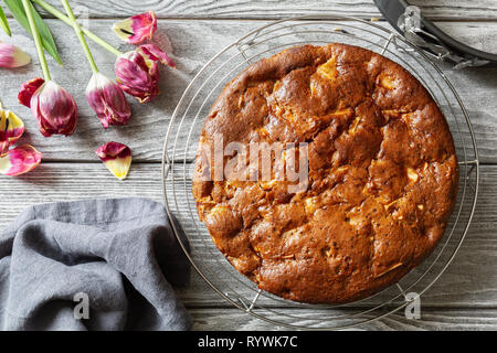 Frisch gebackene lecker riechenden Apfelkuchen Charlotte kühlt sich auf einem Gitter auf einer hölzernen Tisch. Vegan Apfelkuchen ohne Eier, ohne Butter, Ansicht von oben Stockfoto