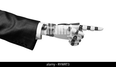 3D-Rendering von Robot Hand in Anzug vorne zeigt mit seinem Zeigefinger auf weißem Hintergrund. Stockfoto