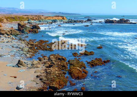 Felsige Küstenlinie, die Wellen gegen die Felsen unter blauem Himmel brechen. Stockfoto