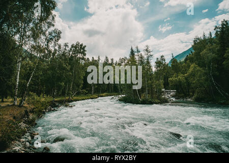 Die schnell fließende kristallklare Wasser des Flusses während der frühen Frühling. Mountain River fließt im Wald. Schöne Natur Landschaft. Stockfoto