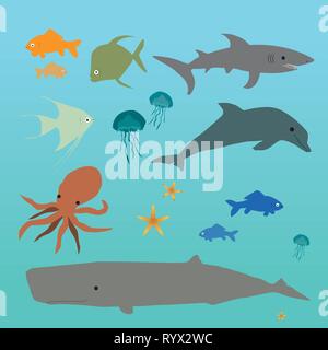 Eine Sammlung von Kreaturen wie Fische, Wale, Shark, Octopus, Quallen Stock Vektor