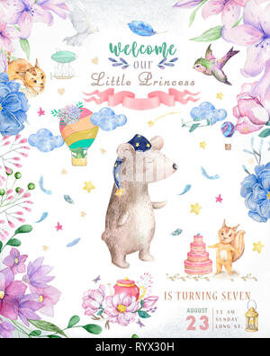 Aquarell niedlichen Baby Bär mit Licht und boho Blumen und Blumensträuße zum Geburtstag. Cartoon Clipart für Grußkarte Stockfoto