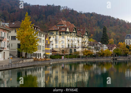 Blick auf die Stadt Thun, mit alten und historischen Häusern am Fluss Aare Stockfoto