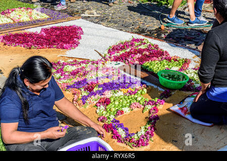 Antigua, Guatemala - März 11, 2018: Dekorieren sägemehl Fastenzeit Teppich mit Blumen zerstört Momente später durch Prozessionen in der Kolonialstadt. Stockfoto