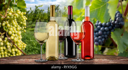 Sammlung von exquisite Rot Weiß und Rose Wein Flasche Gläser auf holztisch vor alten Weinberg Trauben Hintergrund Stockfoto