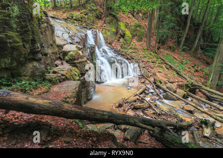 Wasserfall auf dem Fluss unter Wald. gefallene Bäume zwischen riesigen Bemoosten Felsbrocken. Frühling Frische in der buchenwälder. schöne Natur Landschaft Stockfoto