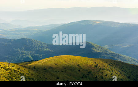 Schöne Berglandschaft im Sommer am Nachmittag. grasartigen alpine Wiesen auf bewaldete Hügel. ridge in der Ferne. schöne Landschaft in Stockfoto