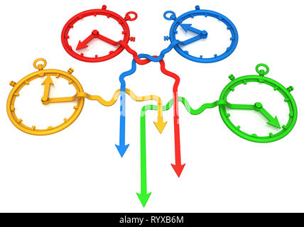 Symbolische Pfeil Uhren Farben, 3D-Darstellung, horizontal, über Weiß, isoliert Stockfoto