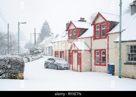 Leadhills Dorf am frühen Morgen Schnee. Scotlands zweite höchste Dorf. South Lanarkshire, Schottland Stockfoto