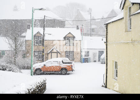 Leadhills Dorf am frühen Morgen Schnee. Scotlands zweite höchste Dorf. South Lanarkshire, Schottland Stockfoto