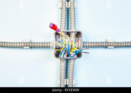 Diagramm der Anschlussdose mit Kupferkabeln Gespleißt mit Hilfe von Schrumpfschläuchen und Isolierband. Stockfoto
