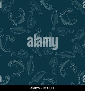 Fisch, Krabben und Garnelen Vektor nahtlose Muster. Stilisierung von Hand zeichnen 10 eps Stock Vektor