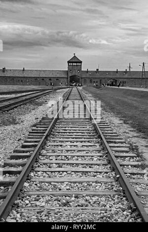 Oswiecim, Polen - 11. Juli 2018. Das Haupttor und Wachturm Birkenau-Auschwitz II. Stockfoto