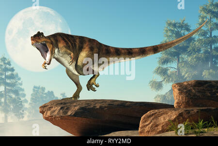 Giganotosaurus, eine der größten bekannten terrestrische Raubtiere, eine carcharodontosaurid Theropode Saurier, steht auf einem Felsen vor dem Vollmond. Stockfoto