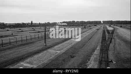 Birkenau-Auschwitz II gesehen vom Haupteingang und Wachturm Stockfoto