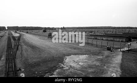Oswiecim, Polen - 11. Juli 2018. Birkenau-Auschwitz II gesehen vom Haupteingang und Wachturm Stockfoto