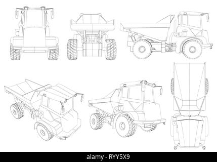 Set mit den Konturen des Lkw von schwarzen Linien auf einem weißen Hintergrund. 3D. Isometrische Ansicht, Seite, vorne, oben. Vector Illustration Stock Vektor