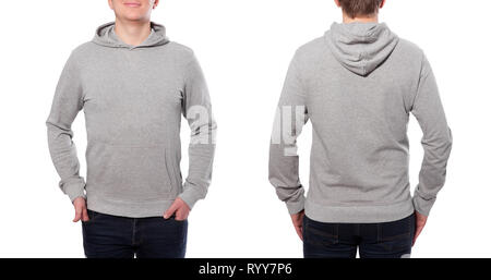 Mann in grauen sweatshirt, sweatshirt auf weißem Hintergrund. Mock up Stockfoto