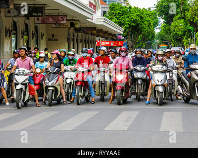 Ein Wald von Motorrädern. Warten auf grünes Licht. Straße Szenen aus der Altstadt in Hanoi, Vietnam. Stockfoto