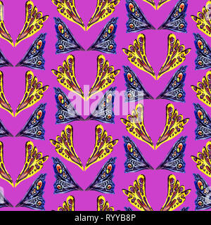 Abstrakte helle ethnischen Farben Schmetterlingsflügel inspirierte Formen, lila Hintergrund, nahtlose Muster, Handgemalten Aquarell Abbildung Stockfoto