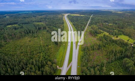 Luftbild von der Straße und der Wald mit den hohen Bäumen und den langen Weg mit Kreuzungen in Irland Stockfoto