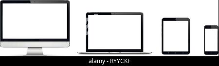 Moderne Computer Monitor, Laptop, Tablet-PC und Handy mit leeren Bildschirm. Auf weissem Hintergrund. Vector Illustration. Stock Vektor