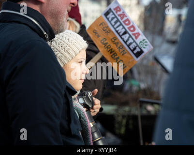 STOCKHOLM, Schweden, 15. Februar 2019: Die 16-jährige Klima Aktivistin Greta Thunberg Demonstration ausserhalb des schwedischen Parlaments Haus (Riksdagshuset) Stockfoto