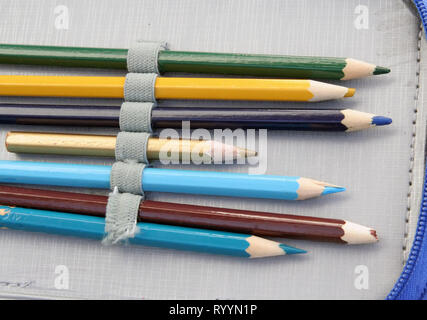 Bunte Wachsmalkreiden in einem Stiftetui. Stifte in verschiedenen Farben. Stockfoto