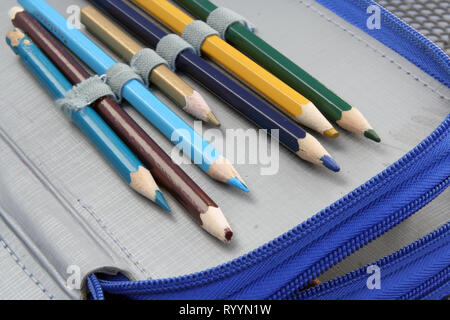 Bunte Wachsmalkreiden in einem Stiftetui. Stifte in verschiedenen Farben. Stockfoto