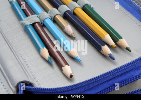 Bunte Wachsmalkreiden in einem Stiftetui. Stifte in verschiedenen Farben. Stockfoto