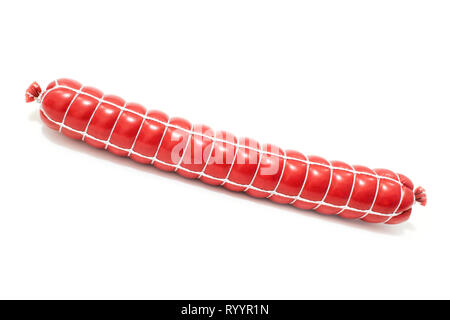 Warme geräucherte Wurst isoliert auf weißem Stick Stockfoto