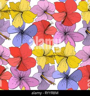 Vektor Hibiskus Blumen tropische Blumen. Graviert Tinte Kunst auf weißem Hintergrund. Nahtlose Muster. Stock Vektor