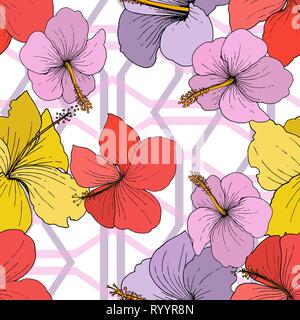 Vektor Hibiskus Blumen tropische Blumen. Graviert Tinte Kunst auf weißem Hintergrund. Nahtlose Muster. Stock Vektor